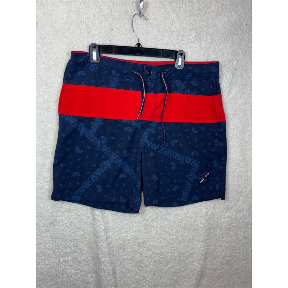 Tommy Hilfiger Board Shorts Mens 36 Navy Paisley Red Stripe Swim Trunks